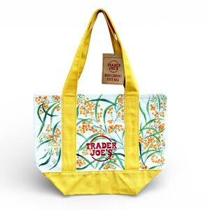 Trader Joe’s Mini Canvas Tote Hand Painted Yellow Floral Reusable Bag New